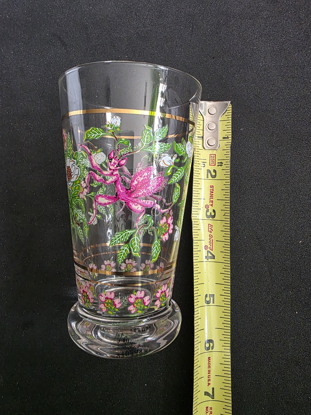 Pink Floral Painted Glass Tumbler with Gold Accents